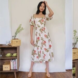Reformation Rhode Dress Jolie Print Linen Midi Rose Floral Size 6